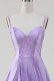 Simple Sparkly Lilac A-Line Side Slit Corset Formal Dresses with Rhinestones