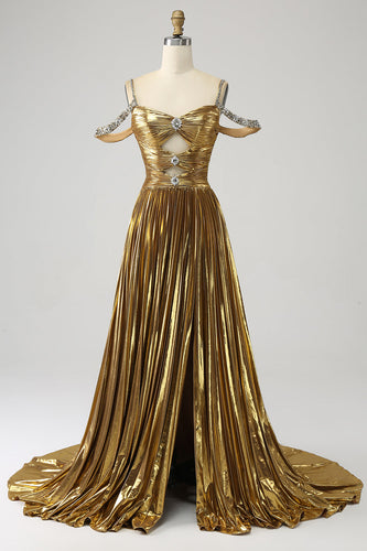 Stunning A Line Off the Shoulder Gold Long Formal Dress with Keyhole