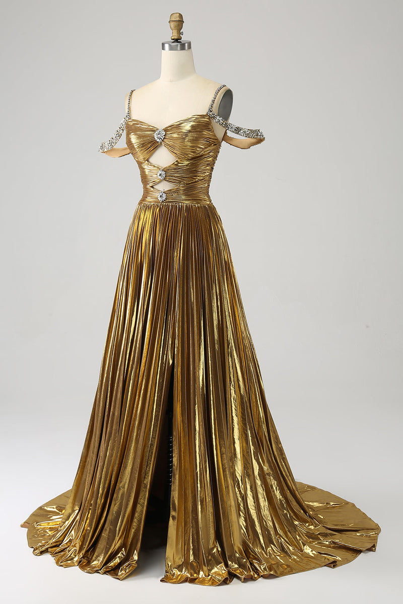 Load image into Gallery viewer, Stunning A Line Off the Shoulder Gold Long Formal Dress with Keyhole