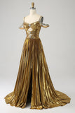 Stunning A Line Off the Shoulder Gold Long Formal Dress with Keyhole