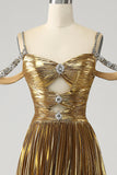 Stunning A Line Off the Shoulder Gold Long Formal Dress with Keyhole