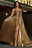 Sparkly Ruched Spaghetti Straps Beaded Metallic Formal Dress With Slit