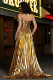 Sparkly Ruched Spaghetti Straps Beaded Metallic Formal Dress With Slit