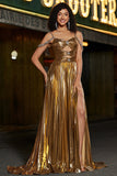 Sparkly Ruched Spaghetti Straps Beaded Metallic Formal Dress With Slit