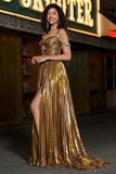 Sparkly Ruched Spaghetti Straps Beaded Metallic Formal Dress With Slit