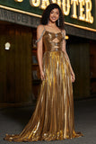 Sparkly Ruched Spaghetti Straps Beaded Metallic Formal Dress With Slit