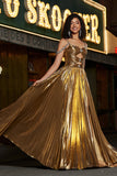 Sparkly Ruched Spaghetti Straps Beaded Metallic Formal Dress With Slit