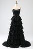 Load image into Gallery viewer, A-Line Sequins Black Tiered Formal Dress with Slit