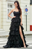 Stylish A Line Strapless Black Sequins Long Formal Dress with Ruffles