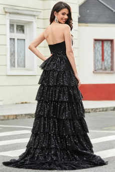 Stylish A Line Strapless Black Sequins Long Formal Dress with Ruffles