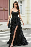 Stylish A Line Strapless Black Sequins Long Formal Dress with Ruffles