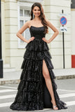 Stylish A Line Strapless Black Sequins Long Formal Dress with Ruffles