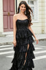 Load image into Gallery viewer, Stylish A Line Strapless Black Sequins Long Formal Dress with Ruffles