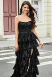 Stylish A Line Strapless Black Sequins Long Formal Dress with Ruffles