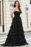 Stylish A Line Strapless Black Sequins Long Formal Dress with Ruffles