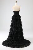 A-Line Sequins Black Tiered Formal Dress with Slit