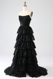 A-Line Sequins Black Tiered Formal Dress with Slit