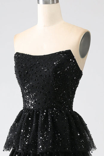A-Line Sequins Black Tiered Formal Dress with Slit