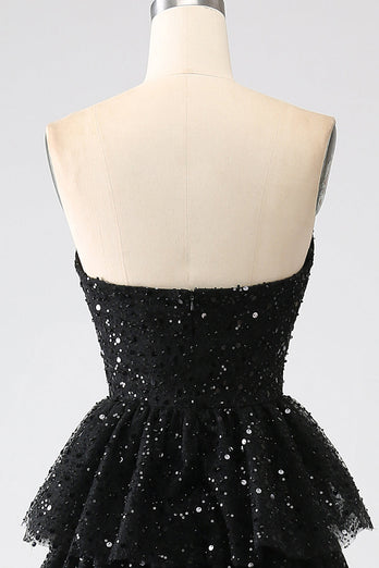 A-Line Sequins Black Tiered Formal Dress with Slit