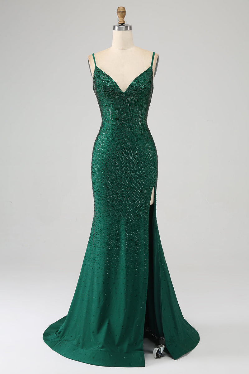 Load image into Gallery viewer, Sparkly Dark Green Beaded Long Mermaid Formal Dress with Slit