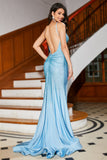 Blue Beaded Long Sparkly Mermaid Formal Dress with Slit