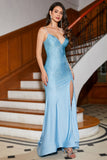 Blue Beaded Long Sparkly Mermaid Formal Dress with Slit