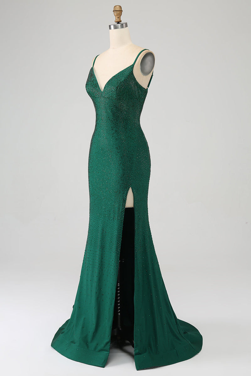 Load image into Gallery viewer, Sparkly Dark Green Beaded Long Mermaid Formal Dress with Slit