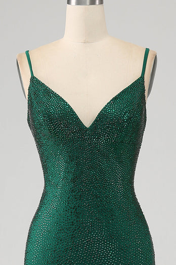 Sparkly Dark Green Beaded Long Mermaid Formal Dress with Slit