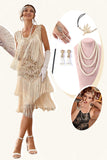 Champagne Sequins Fringes 1920s Gatsby Dress with 20s Accessories Set