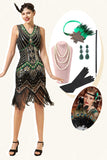 Black Green Sequins Fringes 1920s Gatsby Dress with 20s Accessories Set