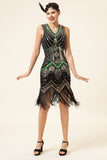 Black Green Sequins Fringes 1920s Gatsby Dress with 20s Accessories Set