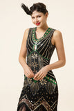 Black Green Sequins Fringes 1920s Gatsby Dress with 20s Accessories Set