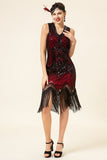 Red and Black Sequins Fringes 1920s Gatsby Dress with 20s Accessories Set