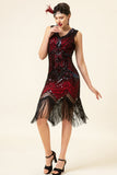 Red and Black Sequins Fringes 1920s Gatsby Dress with 20s Accessories Set