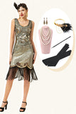 Golden Sequins Fringes 1920s Flapper Dress with 20s Accessories Set