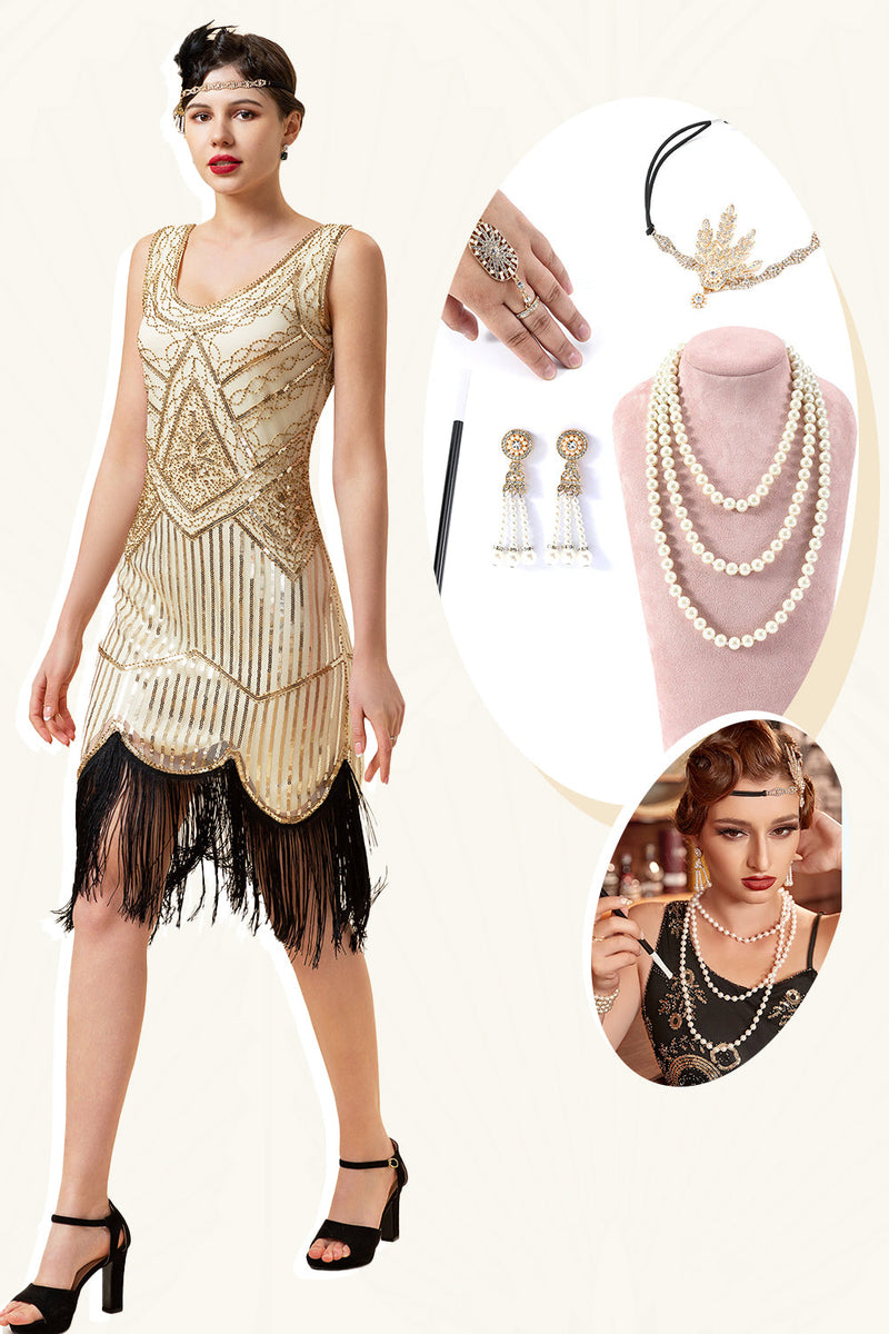 Load image into Gallery viewer, Champagne Sequins Fringes 1920s Flapper Dress with 20s Accessories Set