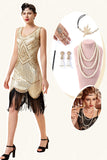 Champagne Sequins Fringes 1920s Flapper Dress with 20s Accessories Set