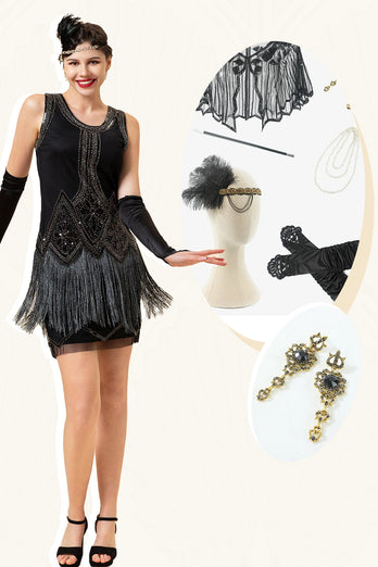 Black Fringes Sequined 1920s Flapper Dress with 20s Accessories Set