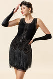 Black Fringes Sequined 1920s Flapper Dress with 20s Accessories Set