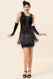 Black Fringes Sequined 1920s Flapper Dress with 20s Accessories Set