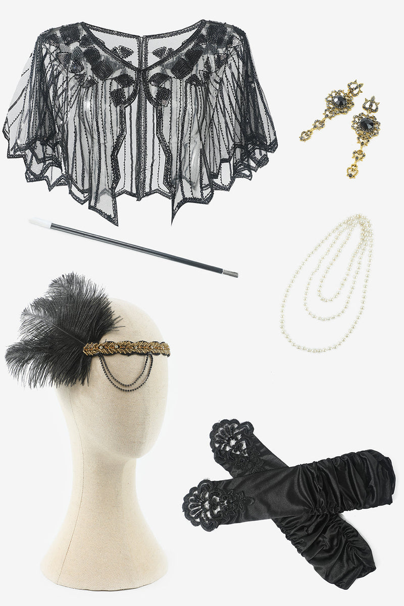 Load image into Gallery viewer, Black Fringes Sequined 1920s Flapper Dress with 20s Accessories Set