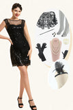 Black Sequined 1920s Gatsby Dress with 20s Accessories Set