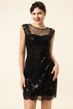 Black Sequined 1920s Gatsby Dress with 20s Accessories Set