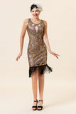 Golden Sequined Fringes 1920s Flapper Dress with 20s Accessories Set