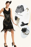 Black Sequined Fringes 1920s Gatsby Flapper Dress with 20s Accessories Set