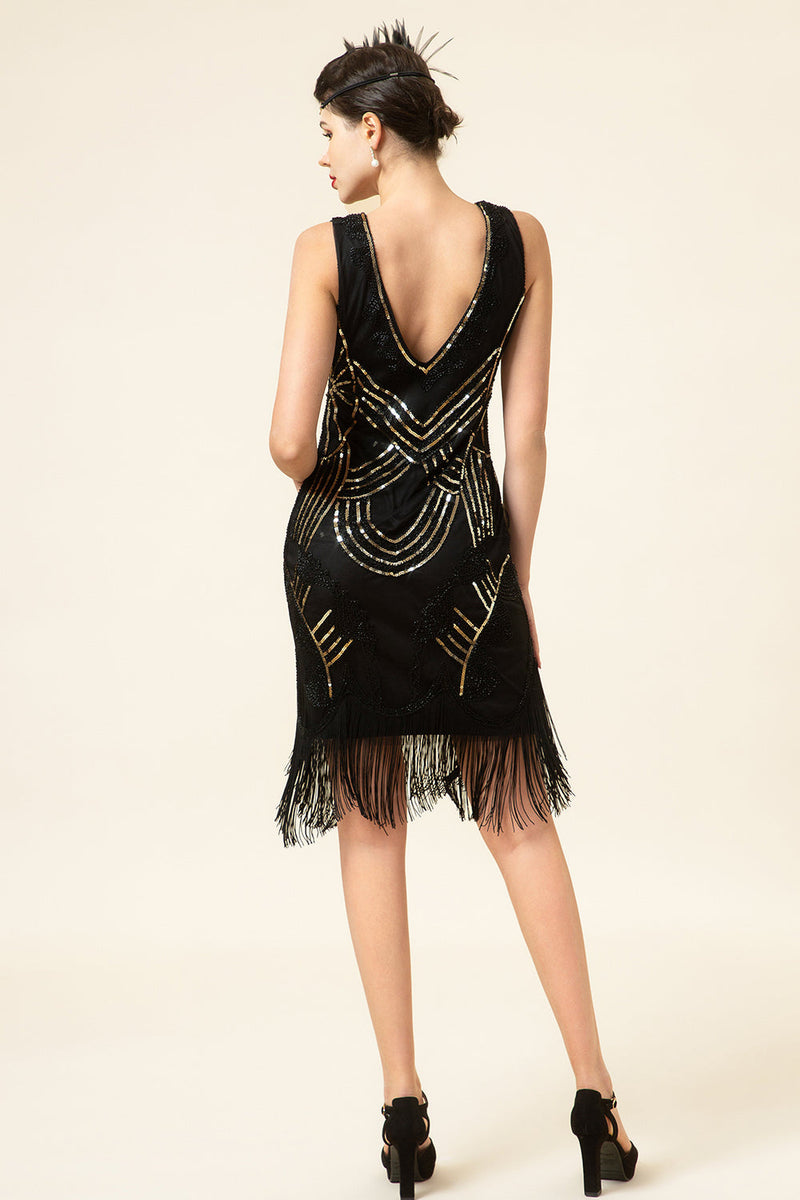 Load image into Gallery viewer, Black Sequined Fringes 1920s Gatsby Flapper Dress with 20s Accessories Set
