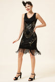 Black Sequined Fringes 1920s Gatsby Flapper Dress with 20s Accessories Set