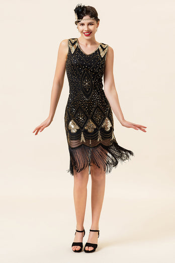 Black and Golden Sequins Fringes 1920s Gatsby Flapper Dress with 20s Accessories Set