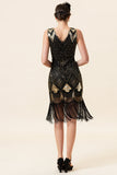 Black and Golden Sequins Fringes 1920s Gatsby Flapper Dress with 20s Accessories Set