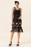 Black and Golden Sequins Fringes 1920s Gatsby Flapper Dress with 20s Accessories Set